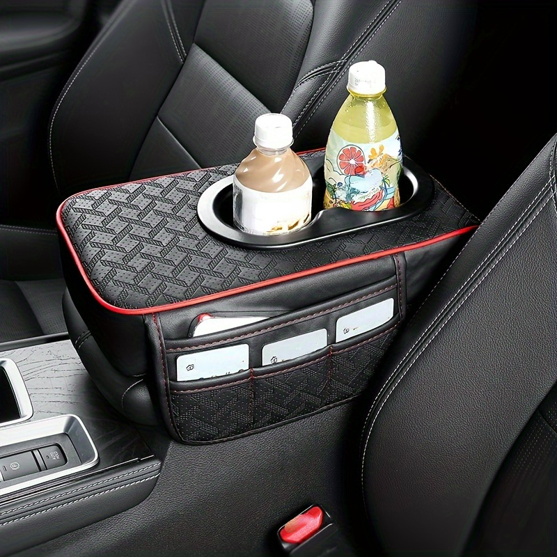 

Pu Leather Car Armrest Cushion With Cup Holder & Storage Pocket - Comfortable Heightening Pad For Easy Accessories Organization, Black With Red Accents, & Stylish Design