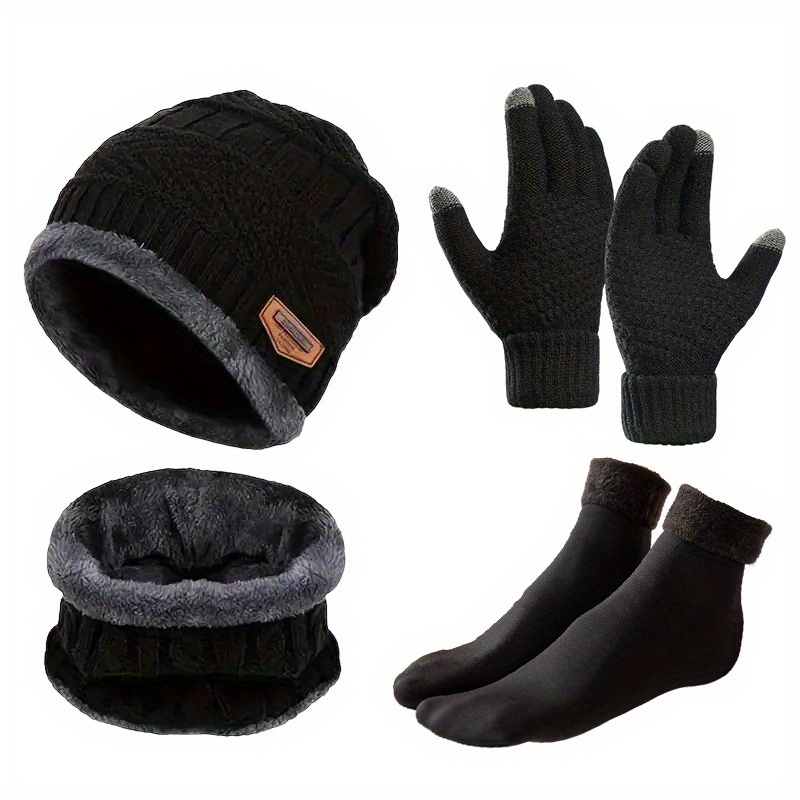 TEMU 4pcs Accessories Set For Men, Knitted Beanie Hat, Neck Scarf, Gloves, Socks, ,