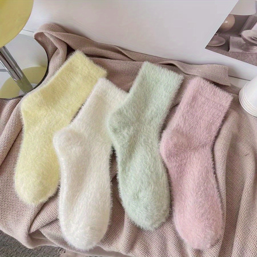 

4-pack Women's Faux Fur-lined Thickened Warm Plush Solid Color Mid-calf Socks, Knitted Polyester & Spandex, Machine & Dry Washable, Sleepwear