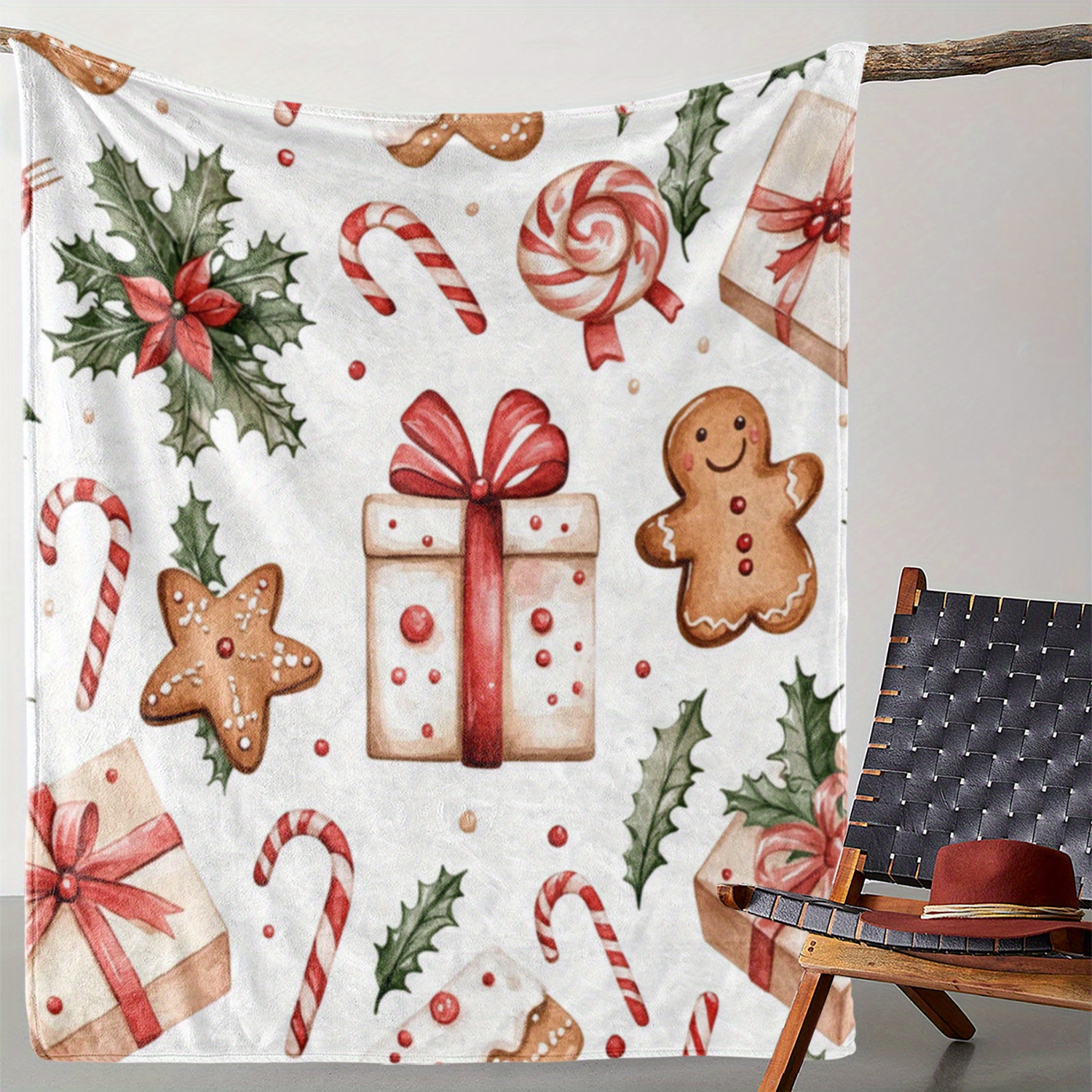 

Vintage Christmas Throw Blanket With Gingerbread And Candy Cane Print - Flannel Fleece, Knitted Throws For Sofa, Bed, Car, Office, Camping, Travel - All Gift Blanket 59x78.7 Inches