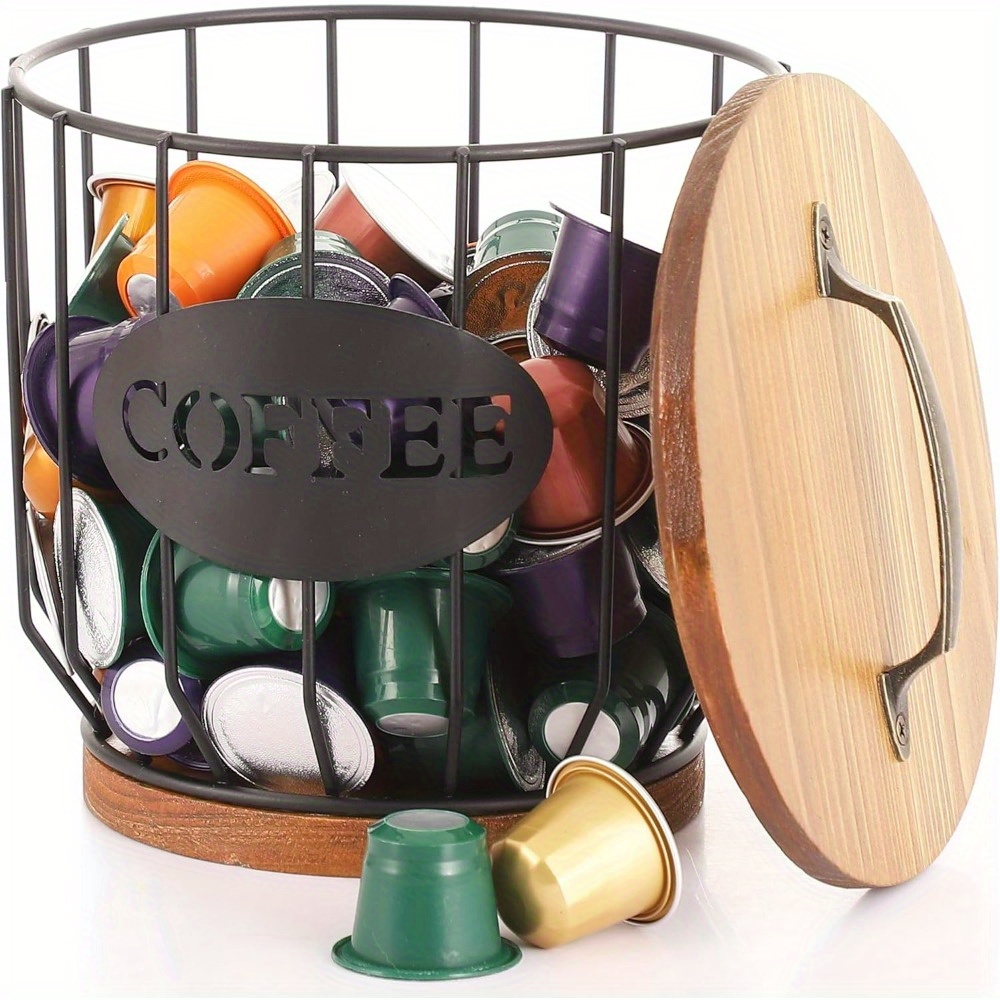 

Black Wire Coffee Pod Holder With Wooden Lid - K Cup & Filter Storage Basket For , Kitchen Countertop & Coffee Bar Organization