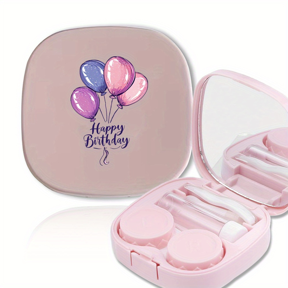 Happy Birthday Pink Contact Lens Case Set - 4pcs Compact Travel Organizer with Mirror, Tweezers, and Application Tools, Durable Plastic Material