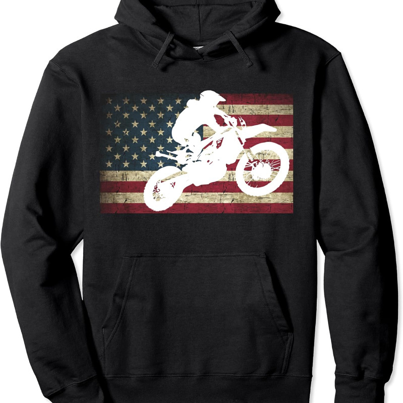 

Dirt Bike Silhouette Distressed American Flag Motocross Pullover Hoodie For Teens, Crew Neck Sweatshirt, , Breathable Long Sleeve Hooded Sweatshirts, Casual Loose Trendy Long Sleeve Tops