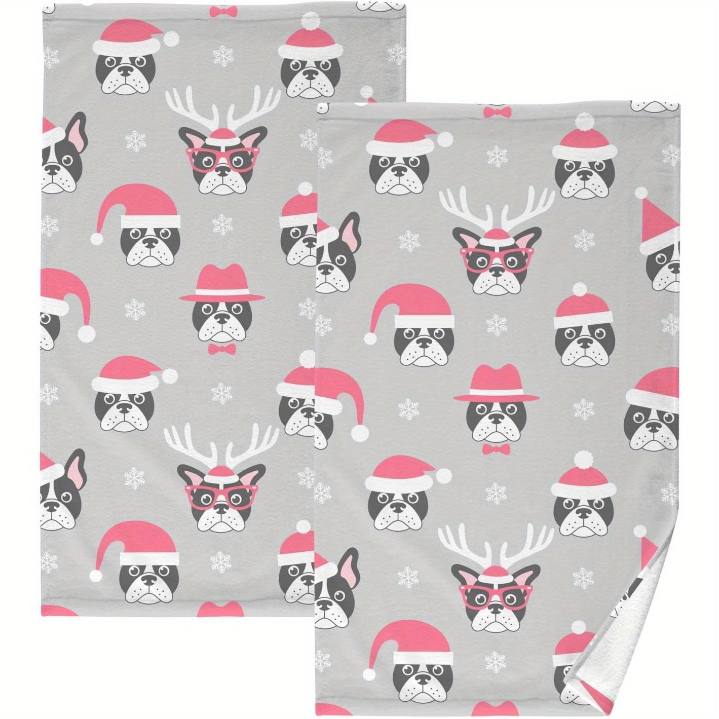 

2pcs French Bulldog Christmas Kitchen Towels - , Machine Washable Polyester Dish Cloths, 18x26 Inches