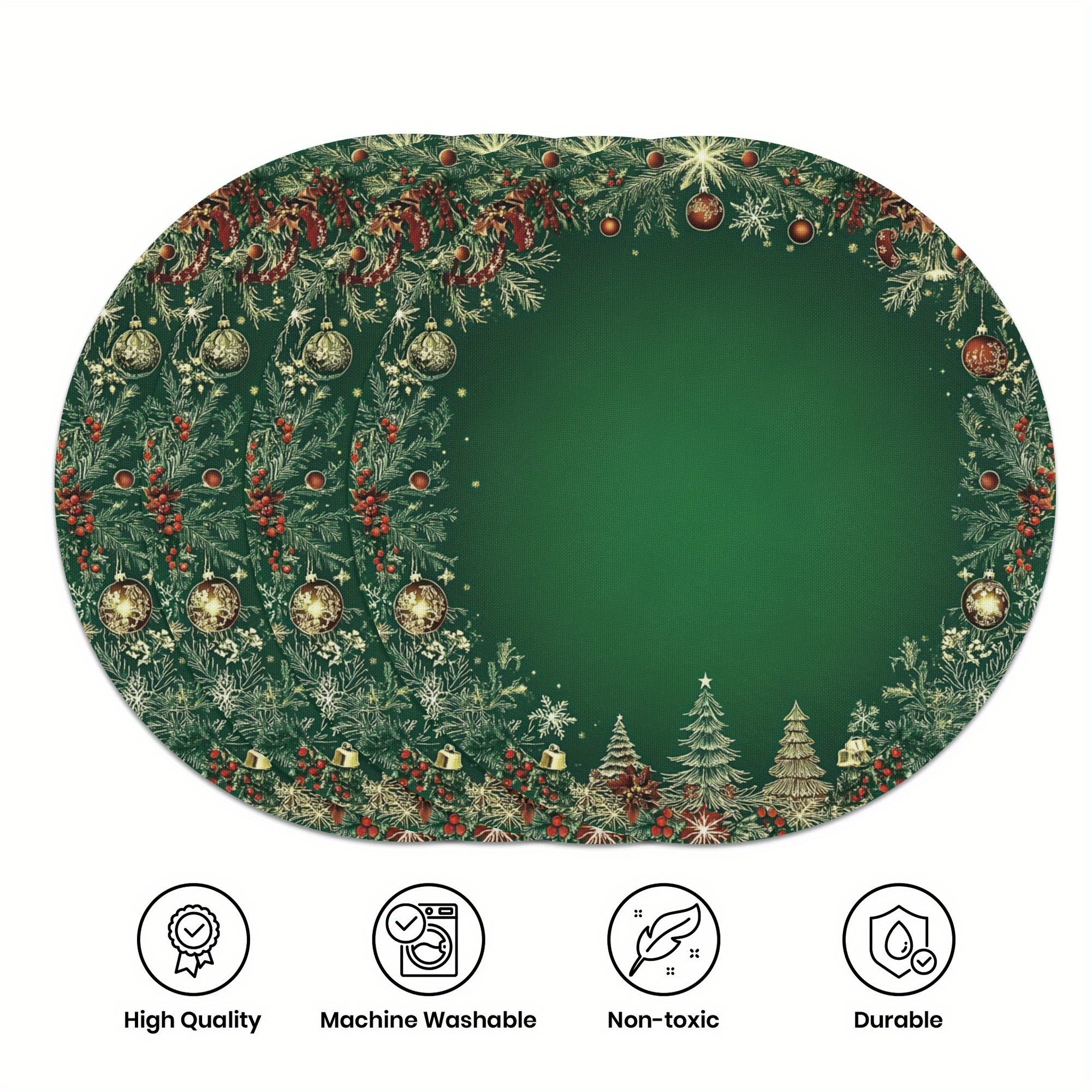 

Set Of 4 Christmas Placemats - Woven Polyester Round Table Mats With Tree And Wreath Design, Anti-slip, Heat-resistant, Hand Washable For Holiday Dining Decor