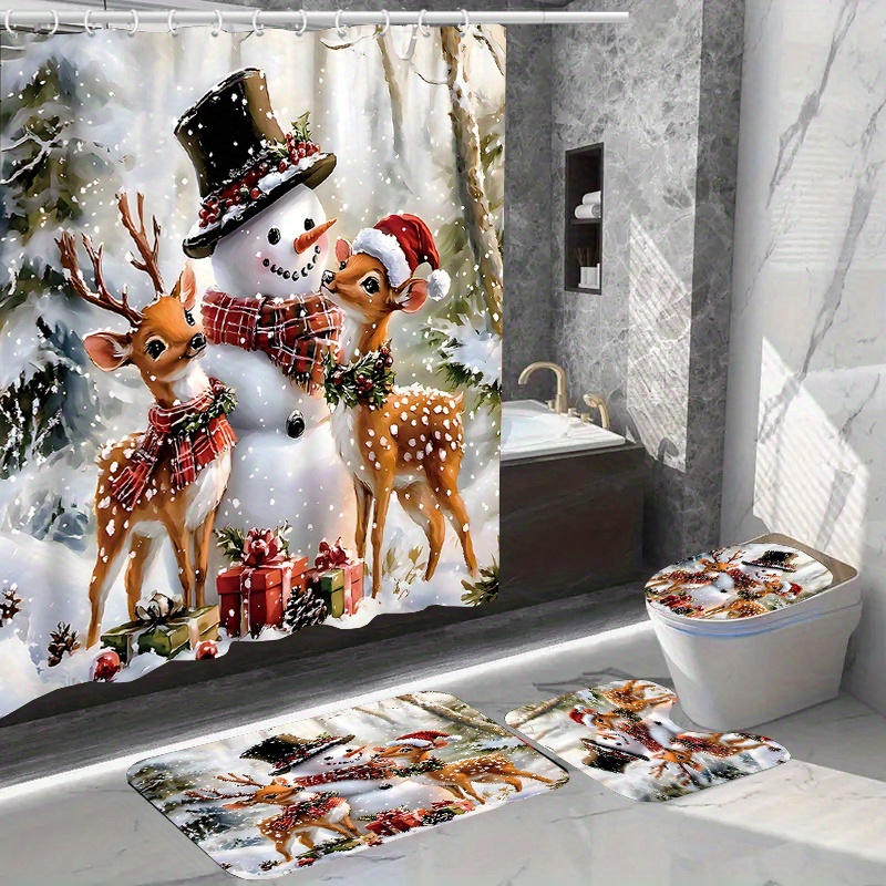

1pc/4pcs Christmas Shower Curtain 12 Bathroom Mat Rug Carpet Polyester Curtain Bathroom Accessories (), For ,