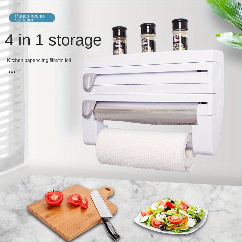 

4-in-1 Multifunctional Kitchen Organizer Rack With Fresh Film Cutter - , No-drill, Wall-mounted Storage For Aluminum Foil, Paper Towels & More, Meal Prep