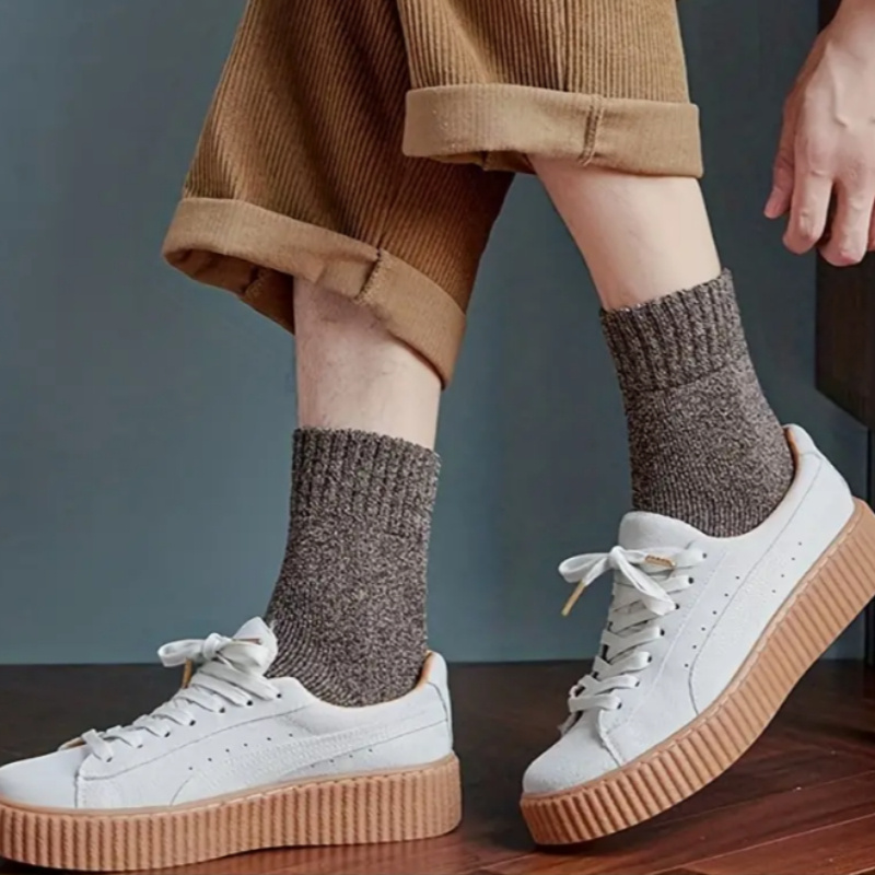 3/5 Pairs Men'S Thick Warm Knit Crew Socks - Solid Color Winter Socks with Ribbed Cuffs, Polyester Blend, Hand Wash Only, Ideal for Cold Weather Comfort, Winter Socks, Handwash Only Socks, Ribbed Cuff Socks, Durable Knit Socks