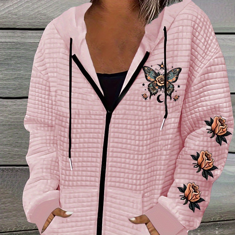 

Butterfly Print Hooded Jacket, Casual Slant Pocket Zip Front Jacket, Women's Clothing