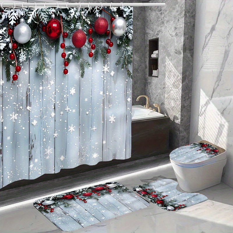 

1pc/4pcs Christmas Home Decor Waterproof Shower Curtain Sets With 12 Hooks Toilet Seat Cover Bathroom Mat Non-slip Rug Carpet Polyester Fabric Washable Curtain Bathroom Accessories (open Jit)