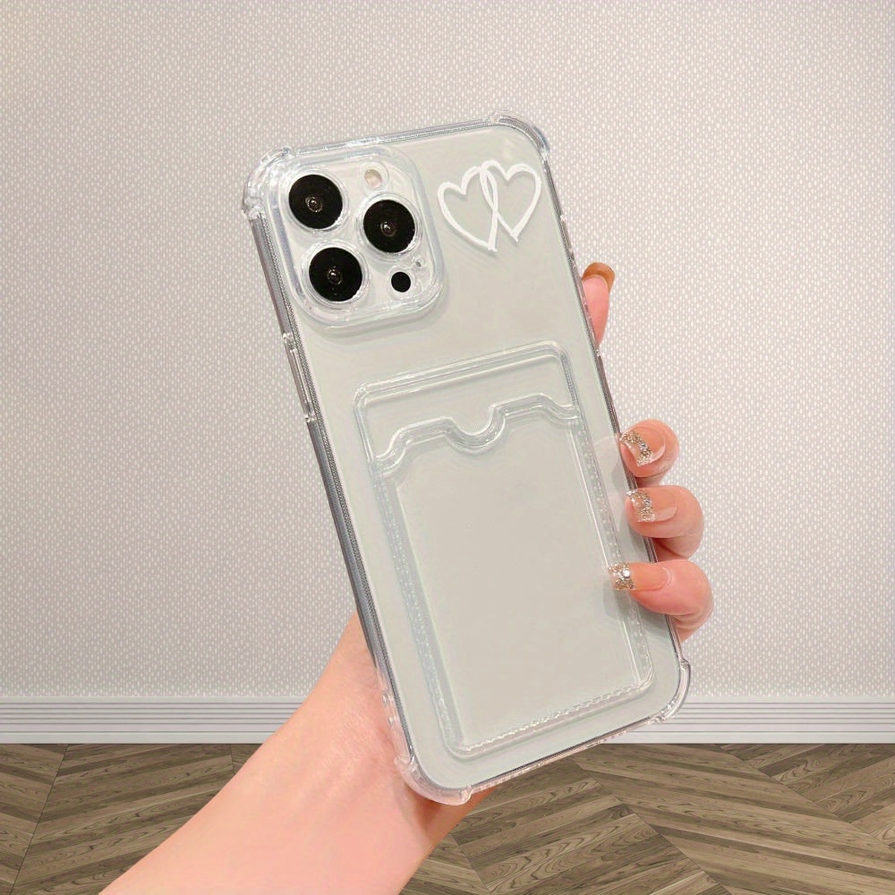 

1pc White Pattern Four-corner Transparent Can Insert Card Tpu Mobile Phone Case Suitable For Iphone16 15 14 11 Xs Xr 7 8plus