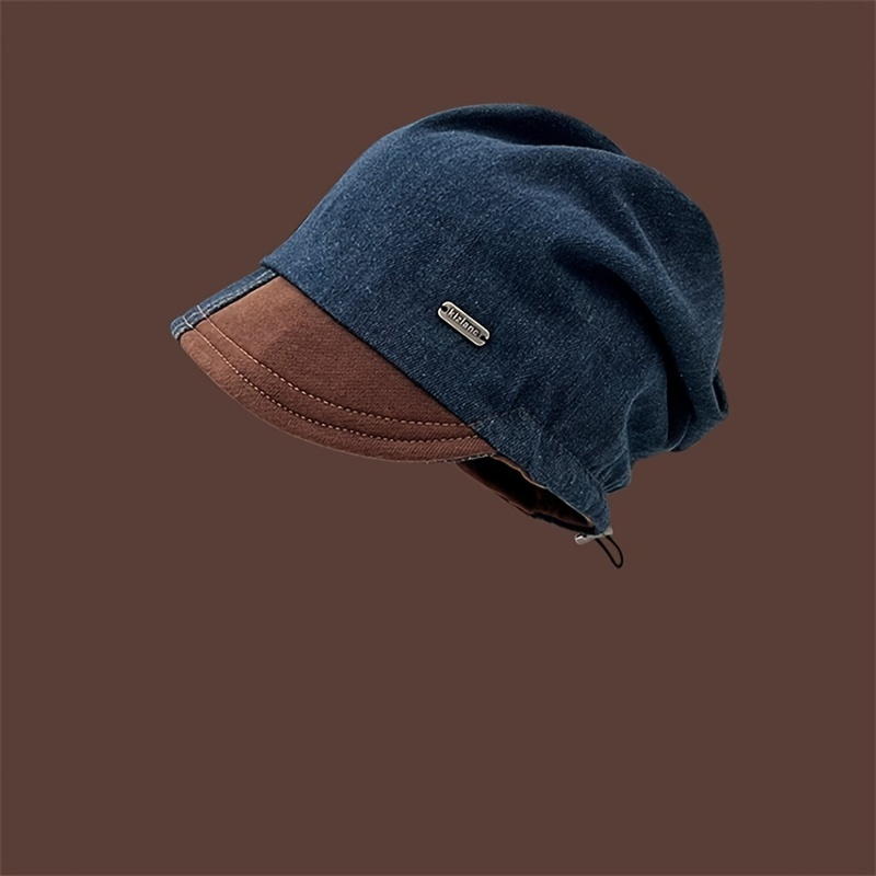 

Women'-inspired Denim Patchwork Beanie With Drawstring - Sun Protection, Non-stretch Polyester, Hand Washable - Fashion Cap