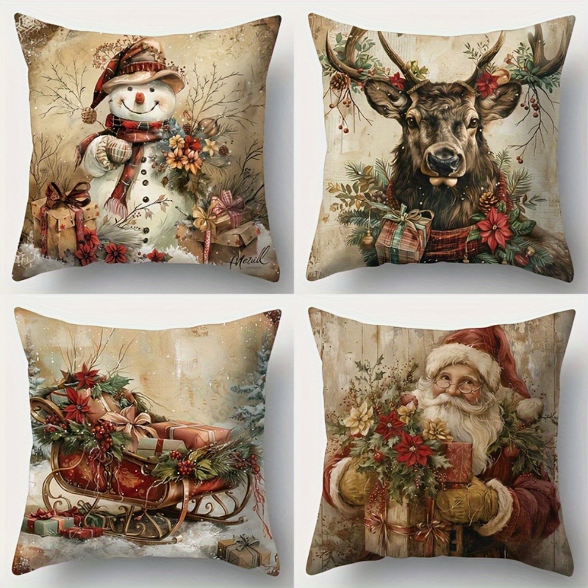 

4pcs Christmas Pillow Covers - 18" X 18" With Zipper Closure - Hand Washable Polyester Throw Pillow Covers For Sofas And Living Rooms - Holiday Prints , , Sleighs And Holiday Decor, No Inserts