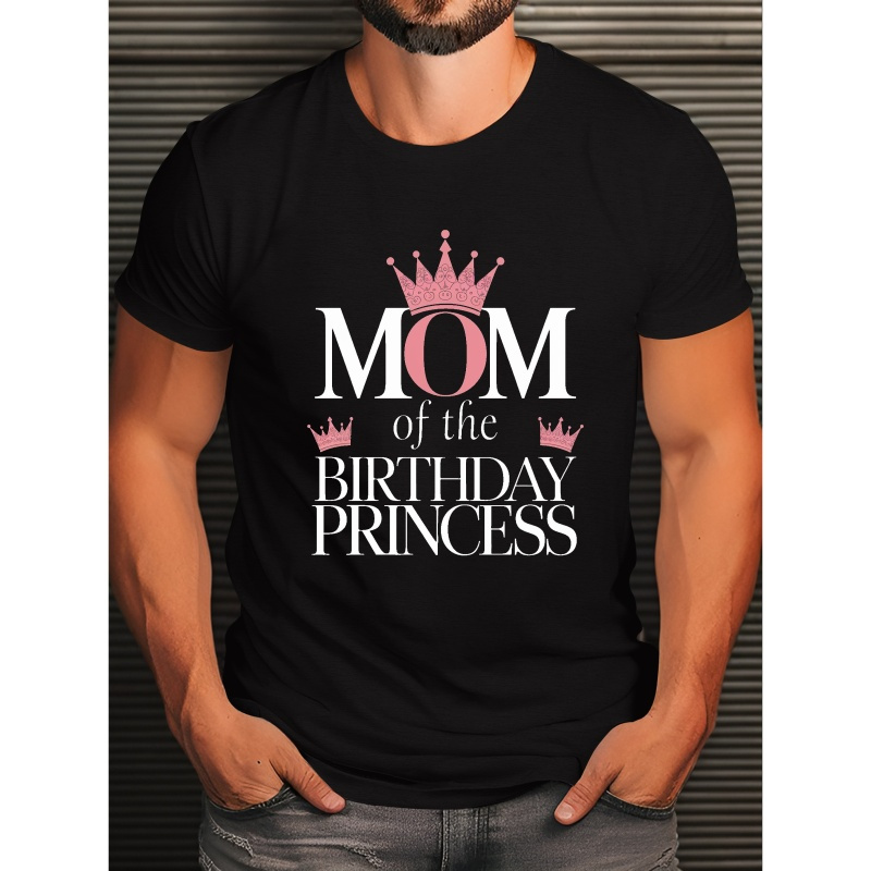 

Polyester Crew Neck T-shirt For Women, Casual Stretch Knit Fabric Tee With 'mom Of The Birthday Princess' Print, Geometric Pattern Casual Summer Top