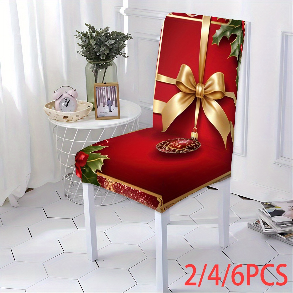 

Christmas Chair Slipcovers With Golden , -band Fitted Chair Covers, Machine Washable, Decorative Full Seat Protectors For Dining, Living Room, Kitchen - 2/4/6 Pack