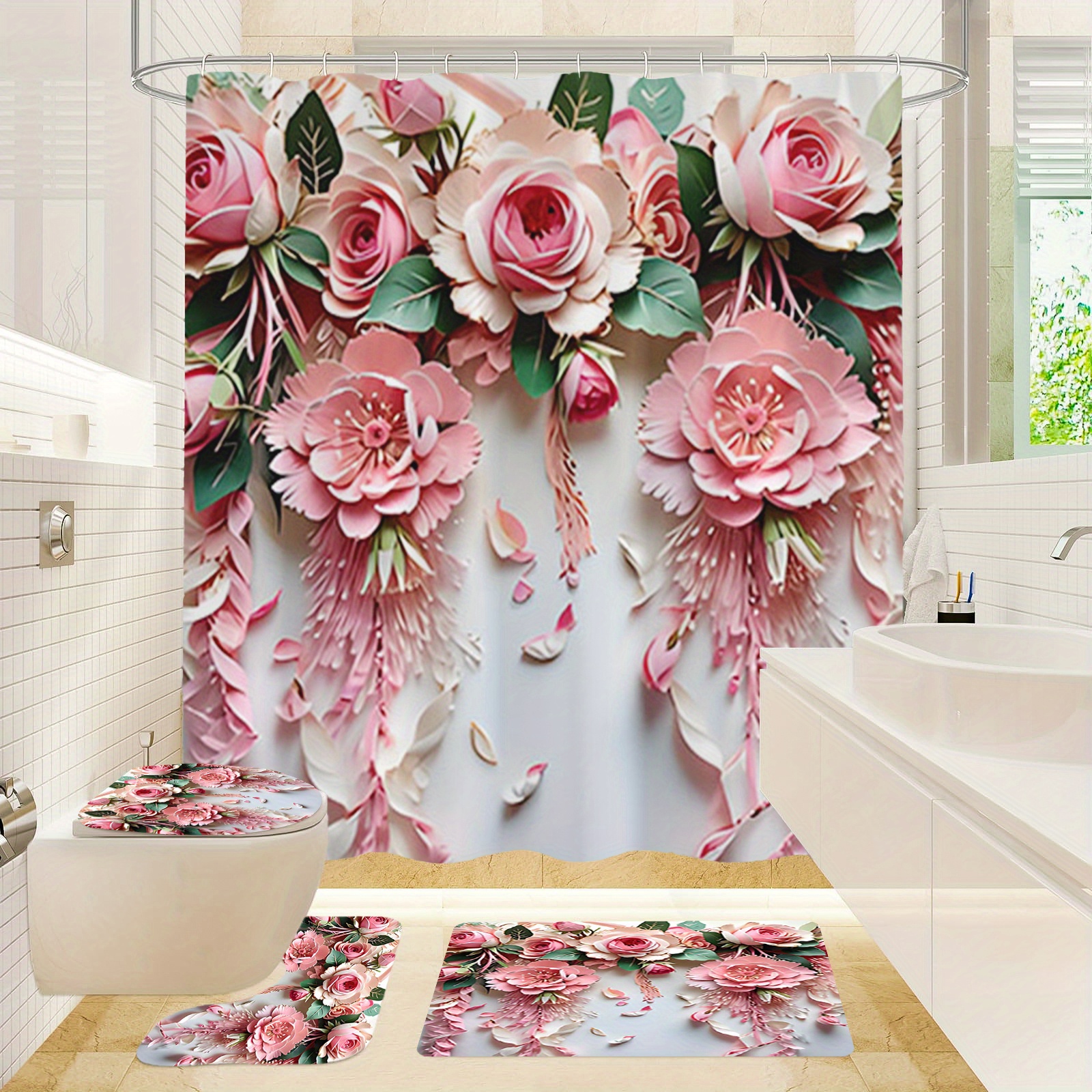 

1/3/4pcs Romantic Themed Print Bathroom Curtain Set - Waterproof Design, 12 Hooks, Non Slip Bathroom Carpet, U-shaped Toilet Seat Cushion, Lid Cushion - Complete Bathroom Decoration Solution