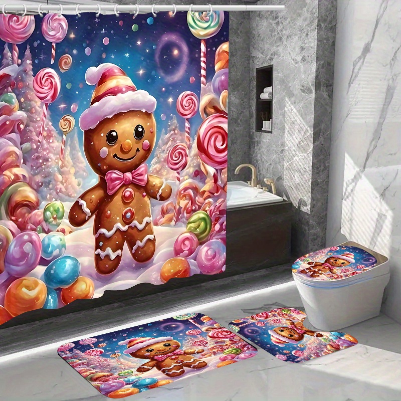 

1pc/4pcs Christmas Home Decor Waterproof Shower Curtain Sets With 12 Hooks Toilet Seat Cover Bathroom Mat Non-slip Rug Carpet Polyester Fabric Washable Curtain Bathroom Accessories (open Jit)