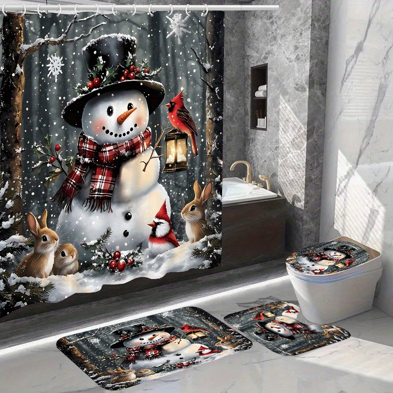 

1pc/4pcs Christmas Home Decor Waterproof Shower Curtain Sets With 12 Hooks Toilet Seat Cover Bathroom Mat Non-slip Rug Carpet Polyester Fabric Washable Curtain Bathroom Accessories (open)