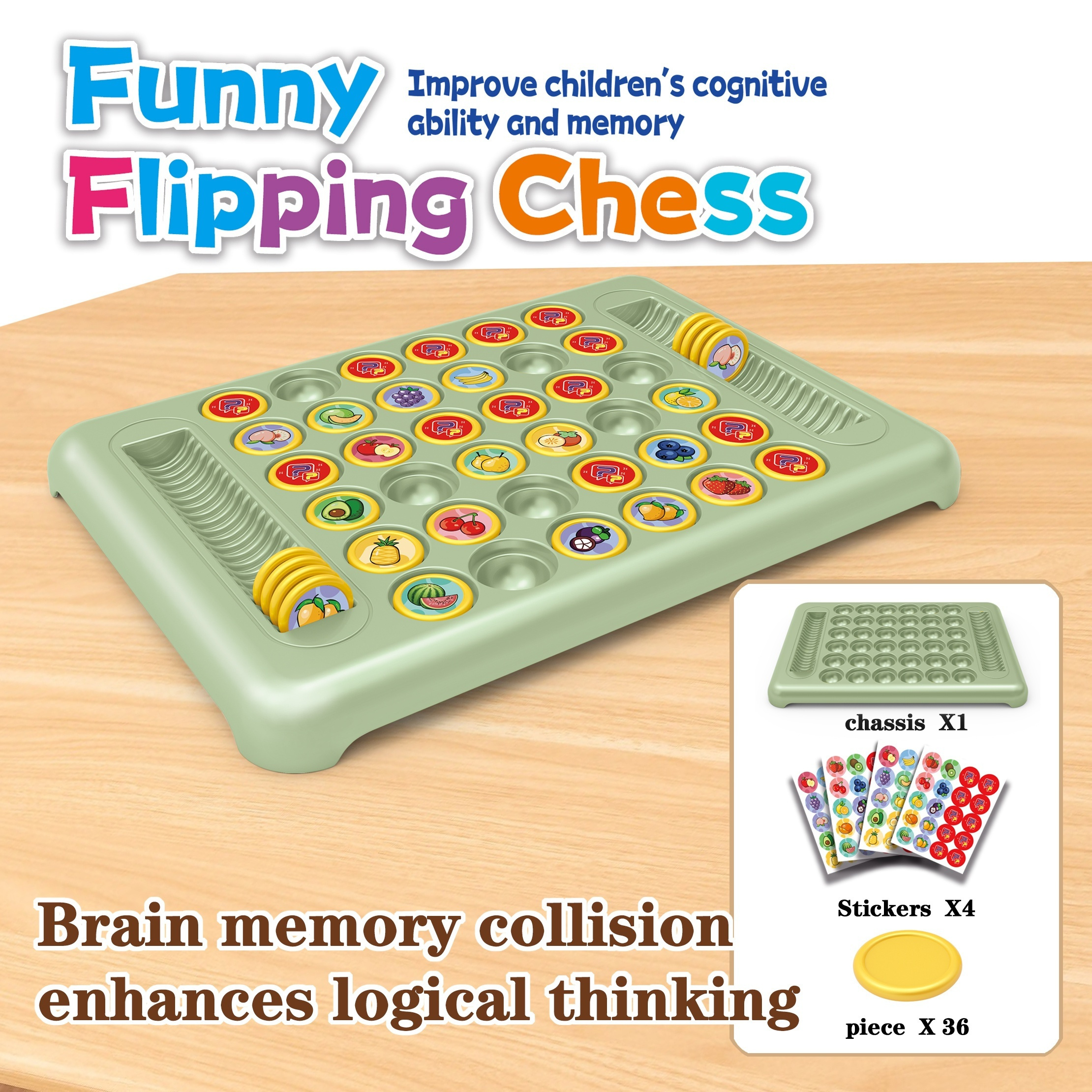 TEMU Busaurus Fun Flipping Chess Game For - Educational With Cute Fruit Designs, Interactive Parent- Toy With Diy Stickers, Durable Plastic, Green - Ages 3 To 6