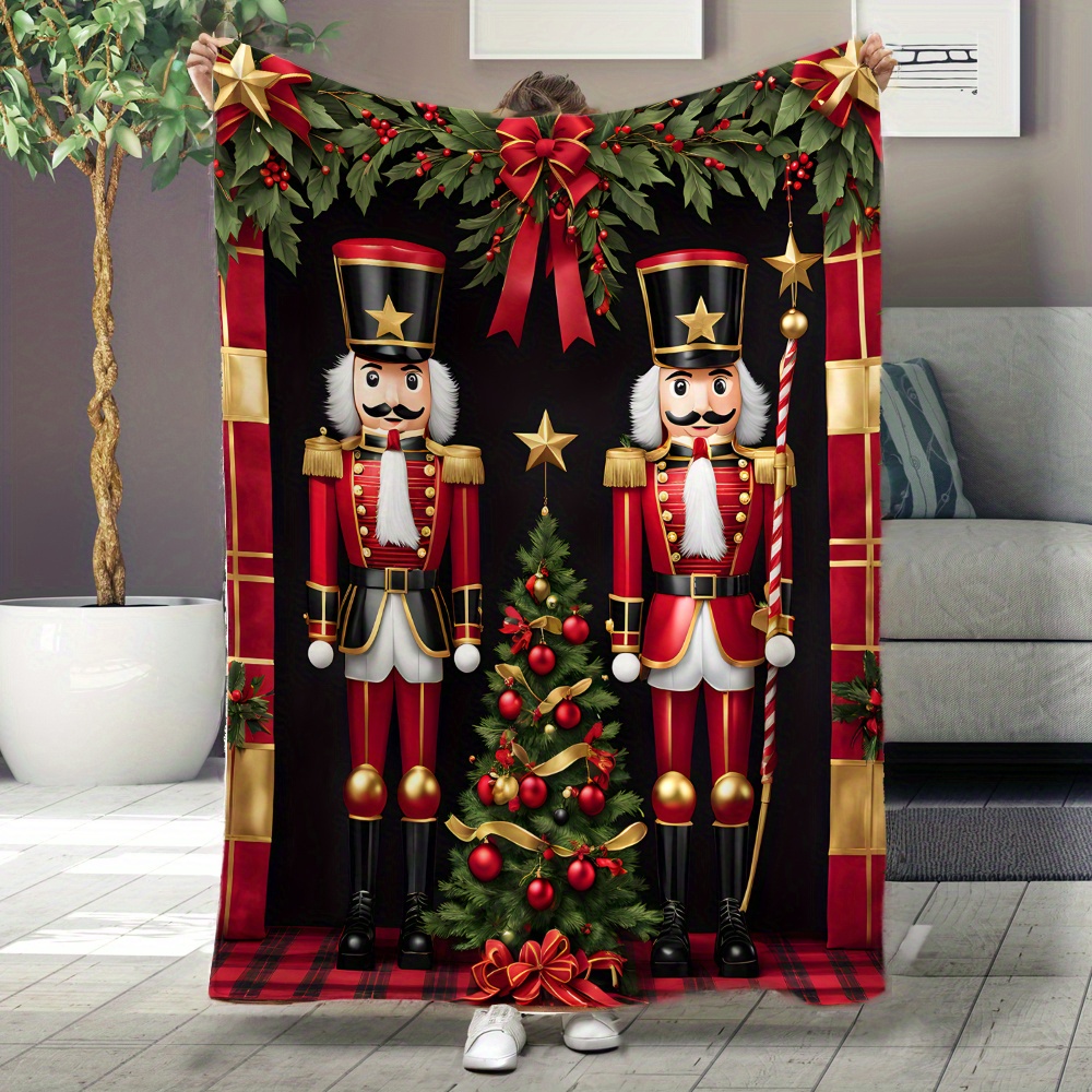 

1pc Christmas Nutcracker & Tree Print Flannel Fleece Throw Blanket, Gift Blanket, Multi-use For Home, Beach, Camp, Sofa, Pet, Office, Contemporary Style, , , 200-250g Square, Polyester, , Anti-tear