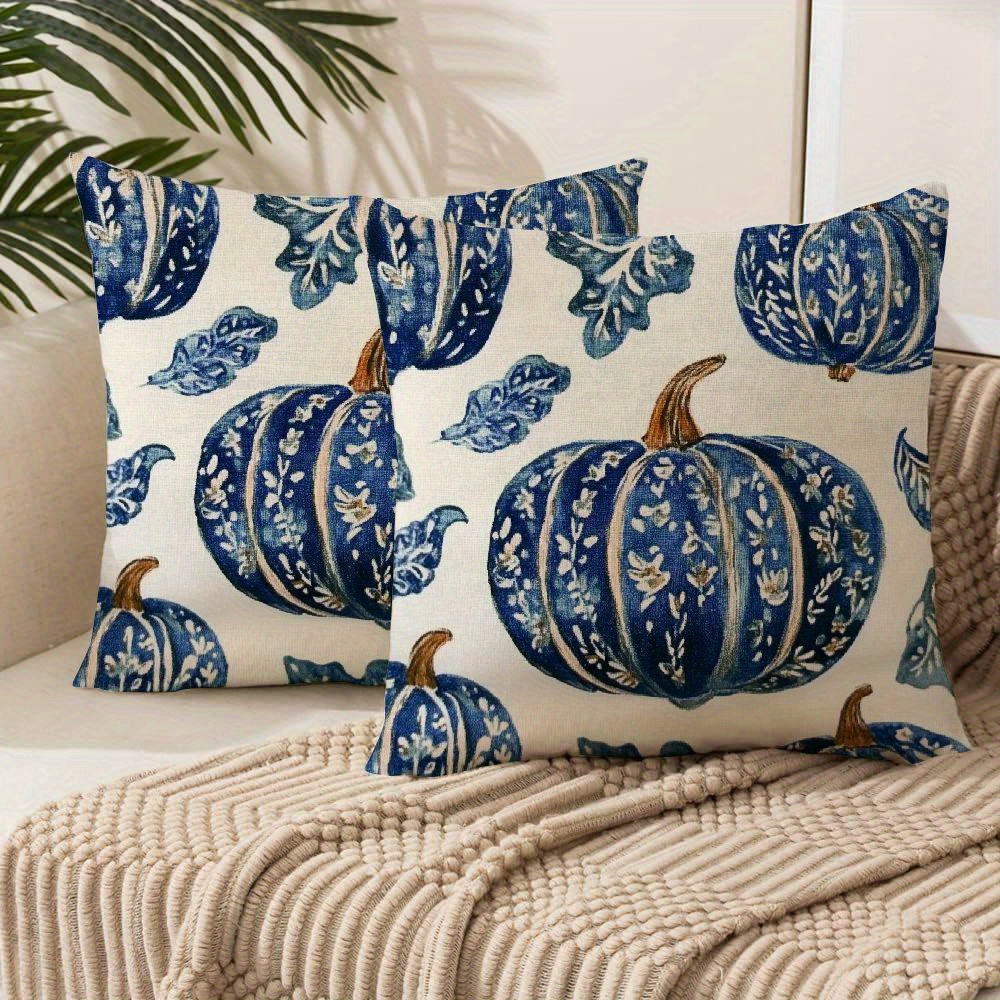 

Set Of 2 Chinoiserie Pumpkin Throw Cushion Covers, Decorative Woven Polyester -style Zippered Cases For Room Types, Autumn Thanksgiving Home Office Décor, Machine Washable - Blue And White