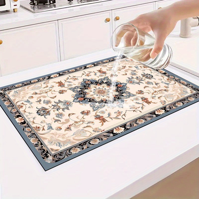 TEMU 1pc Tableware Drying Mat, Tableware Draining Mat, Retro Floral Pattern Drying Pad, European Style Draining Mat, Coffee Machine Mat, Kitchen