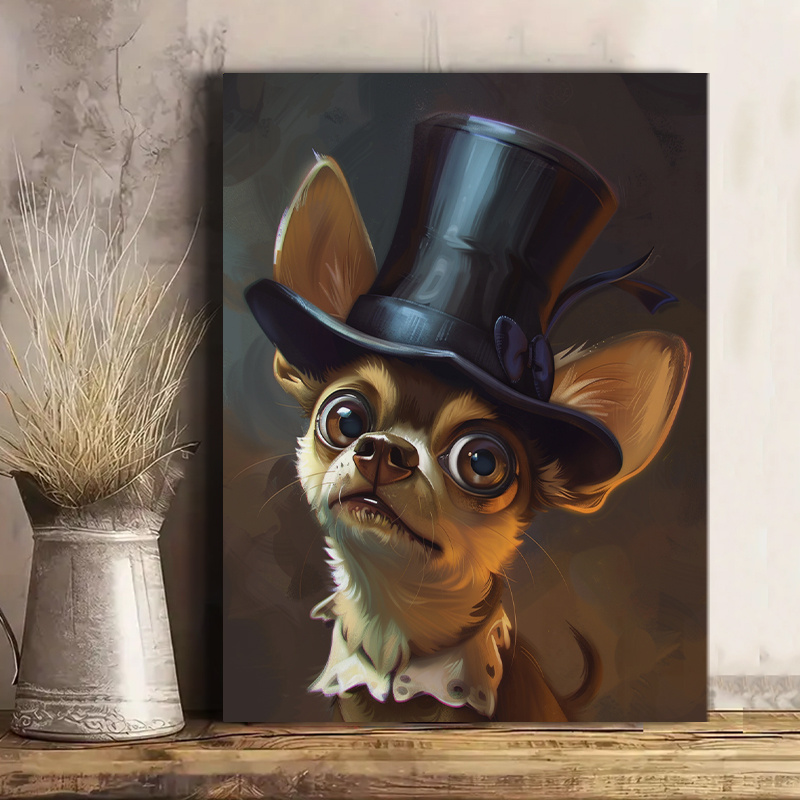 

Room Decor 1pc Chihuahua With Canvas Art Print, 12x16 Inches, Creative Dog & Hat Wall Decor, Perfect Gift For Pet Lovers, Home And Office Decoration, A01310