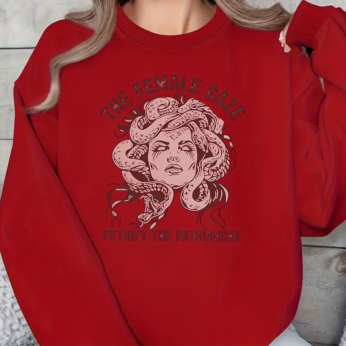 

Women's Casual Medusa "the Female Gaze - Petrify The " Neck Pullover Sweatshirt - 100% Polyester Knit Fabric, Stretch, Collar, All Season Comfort