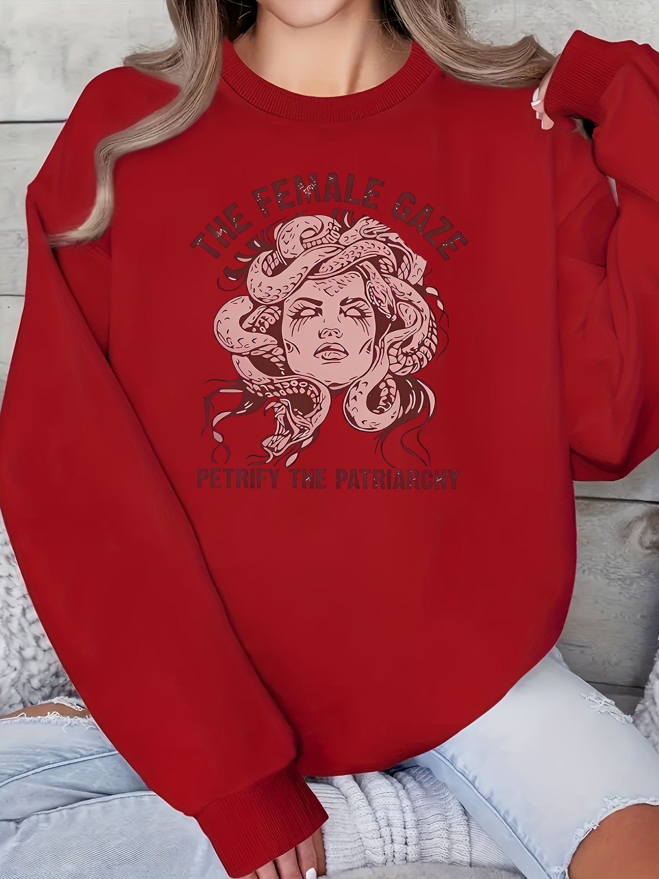 Women's Casual Medusa &*;The Female Gaze the *&*; Print Crew Neck  Pullover Sweatshirt 100% Polyester Knit Fabric Stretch, Contrast Collar 