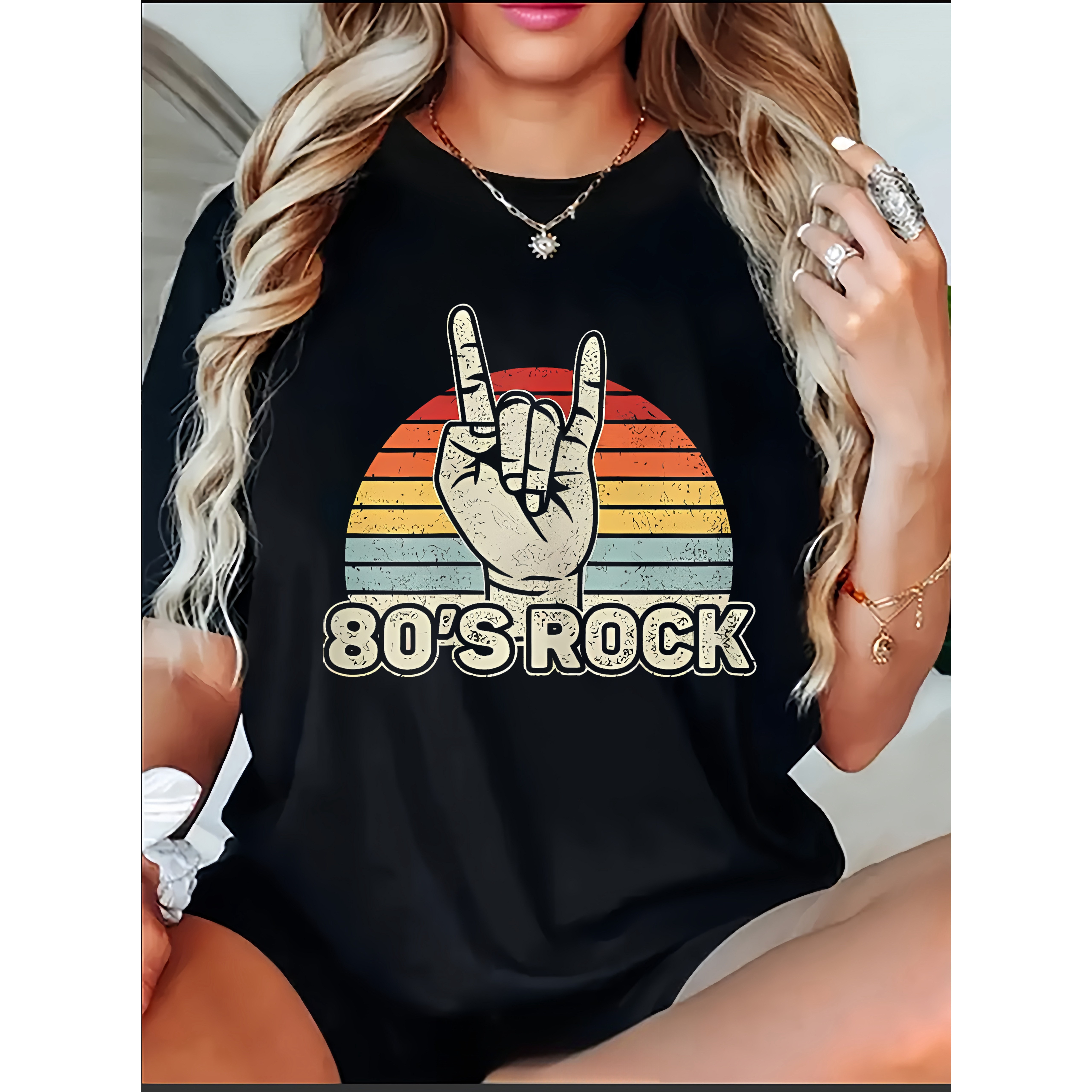 

Women's Retro 80s Rock Print T-shirt - Breathable Soft Polyester , Casual Round Neck Short Sleeve Top, Fashion Top, Pattern