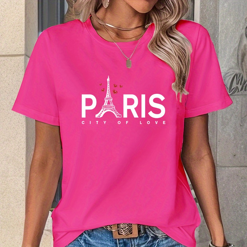 

Women' T-shirt - Casual , Round Neck, Stretch Polyester Fabric, Machine Washable, Regular Length, Solid Color With "paris Love" Lettering