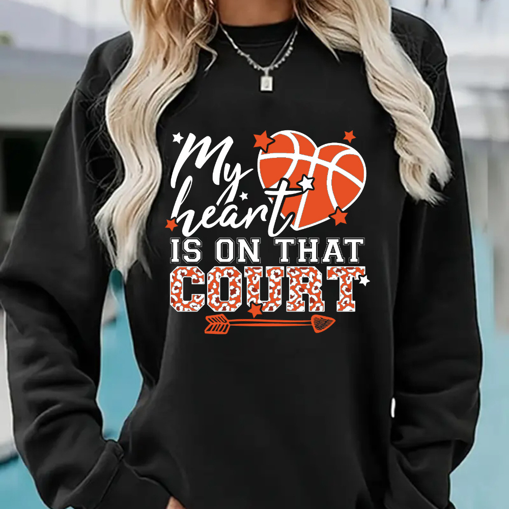

Women's Trendy Heart-shaped Basketball & Letter Print Pullover Crew Neck Sweatshirt - Casual Long Sleeve Fall/winter Top
