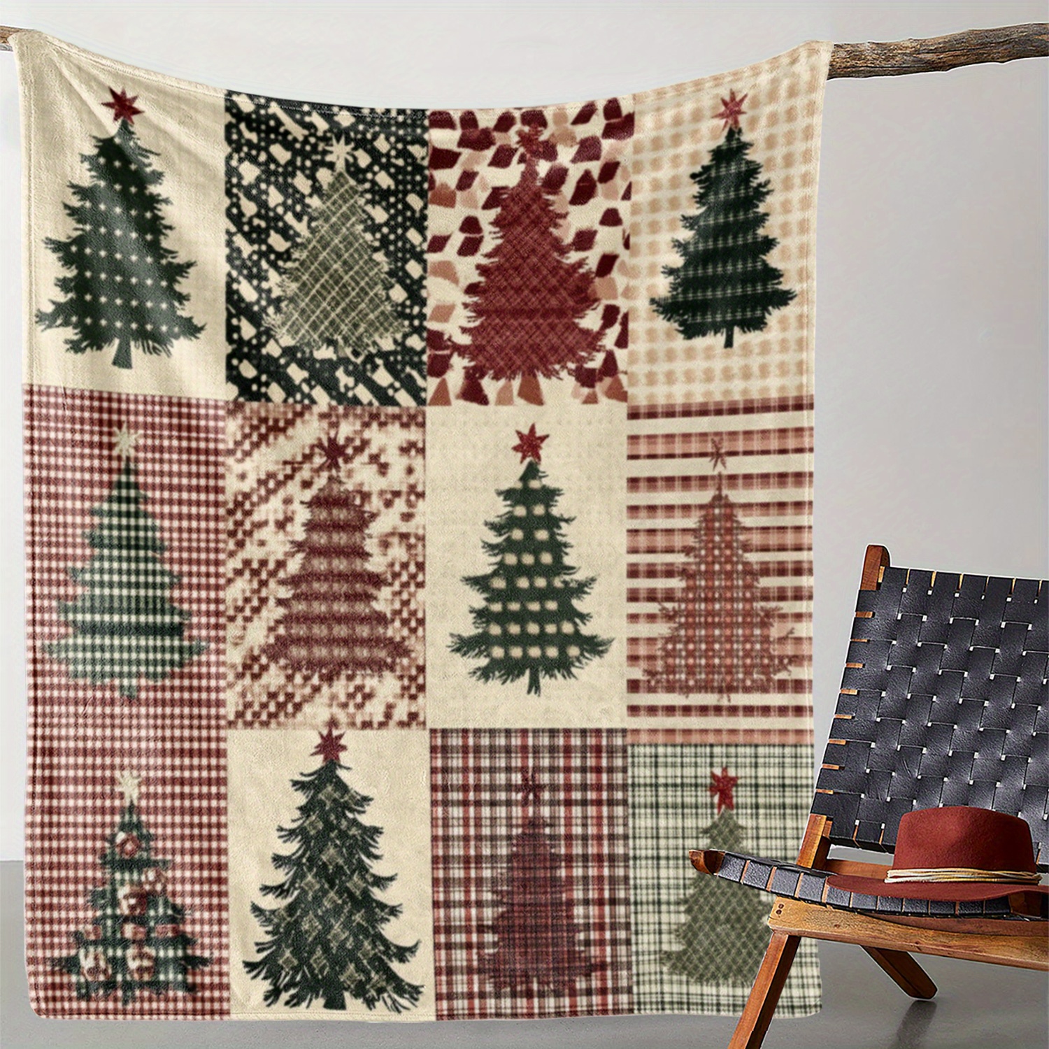 

1pc, Rustic Christmas Tree Star Print Throw Blanket, Soft Warm Flannel, , Knitted Polyester, , , Ideal For Sofa, Bed, Car, Office, Camping, Travel, Gift - 250-300g Square