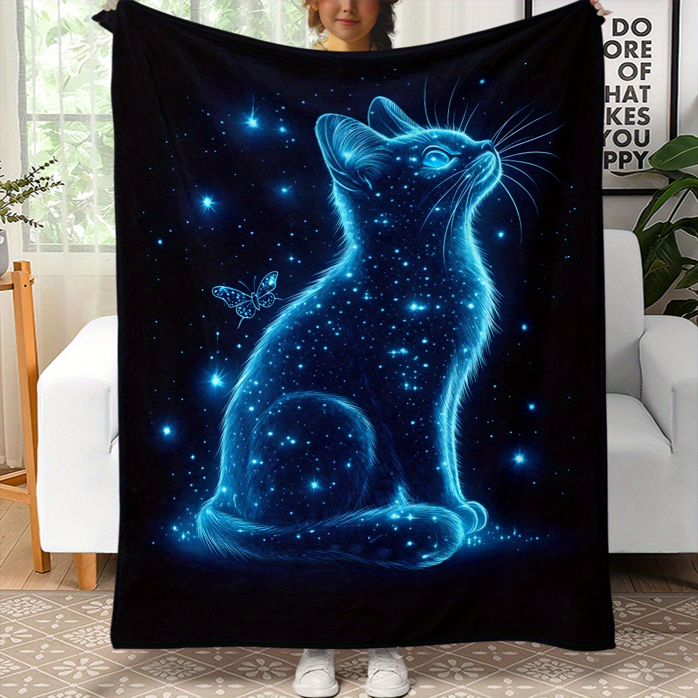 

Glowing Cat Print Fleece Throw Blanket - Soft Warm Flannel Fabric, Plain Weave, , Machine Washable, Uncharged - Sofa, Bed, Travel, Camping, Living Room, Office, Couch, Chair, And Bed