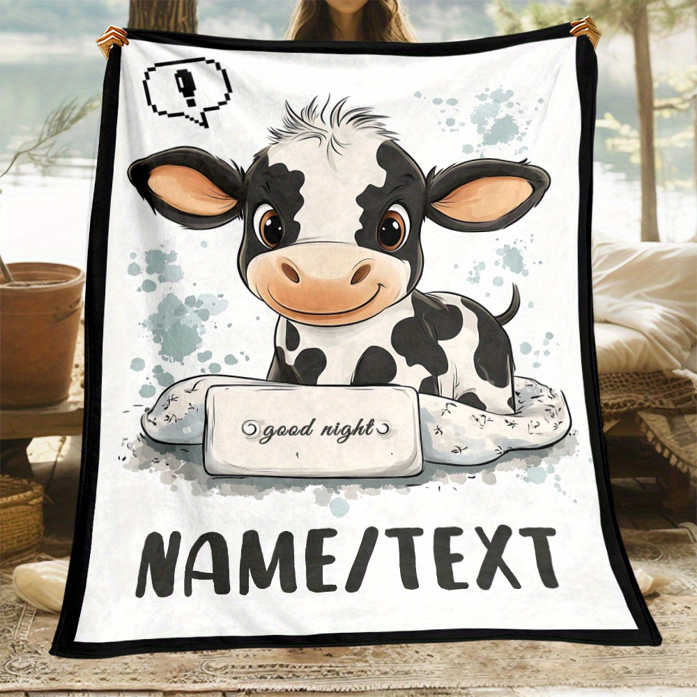 

1pc Personalized Cow Design Flannel Blanket – Customizable Name Lightweight Throw – No Feathers, 100% Polyester, Soft Warm Fleece For Sofa, Bed, Travel, Camping, Office – Electricity-free Use