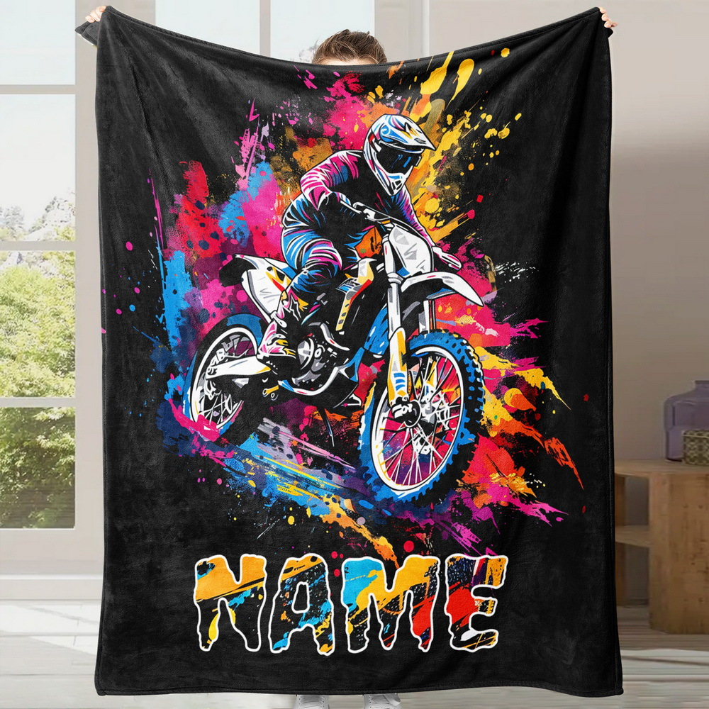 

Custom Name Motocross Blanket - Personalized Dirt Bike Flannel Throw - Cozy Polyester Knitted Wrap - Contemporary Style With - Machine Washable - Ideal For Camping, Lounging, Living Room Sofa