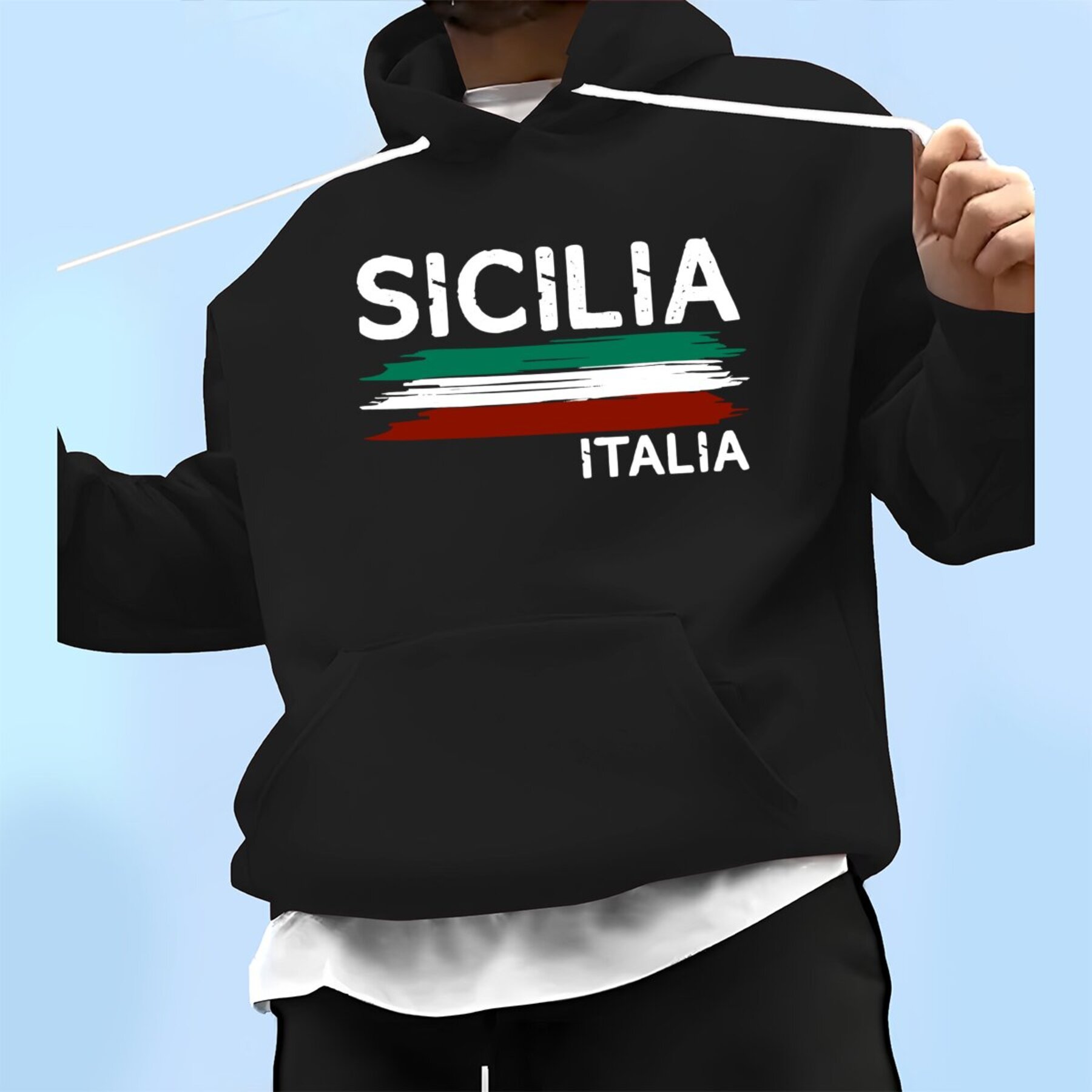 

Men's Sicilia Italia Hoodie - Cozy Long Sleeve Sweatshirt With Striped Flag Print, Casual & Top For Autumn/winter, 100% Polyester, Italy Sweatshirt