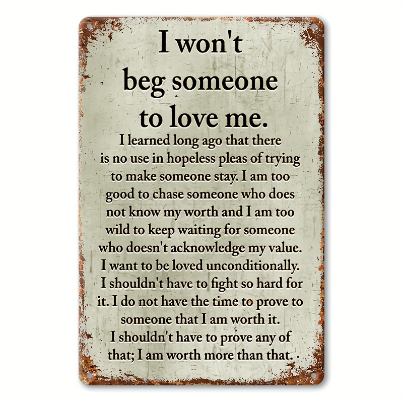 TEMU 1pc Vintage Wooden Sign "i Will Not Beg For Love" - Unframed Rustic Wall Art With Motivational Quotes, And Weatherproof Sturdy Metal Home Decor