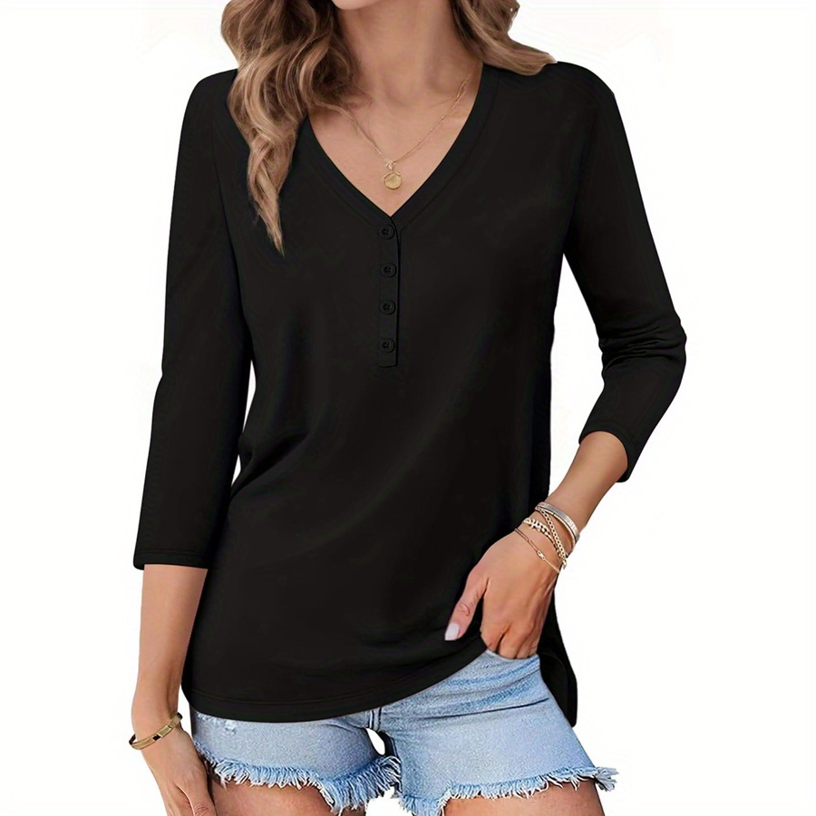 

Solid Color Women's 3/ 4 Sleeve Spring/ Fall Top, V-neck T-shirt, Casual Fashion Long Button Henley Shirt, Loose Fit Top