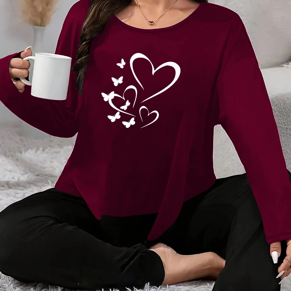 

Plus Size & Print Pajama Set, Casual Long Sleeve Top & Joggers Lounge 2 Piece Set For Fall & Winter