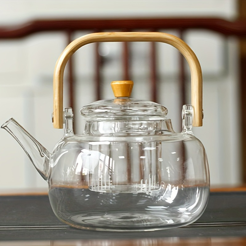 

1pc High Borosilicate Glass Teapot With Bamboo Handle, Removable Infuser, Heat Resistant Loose Kettle