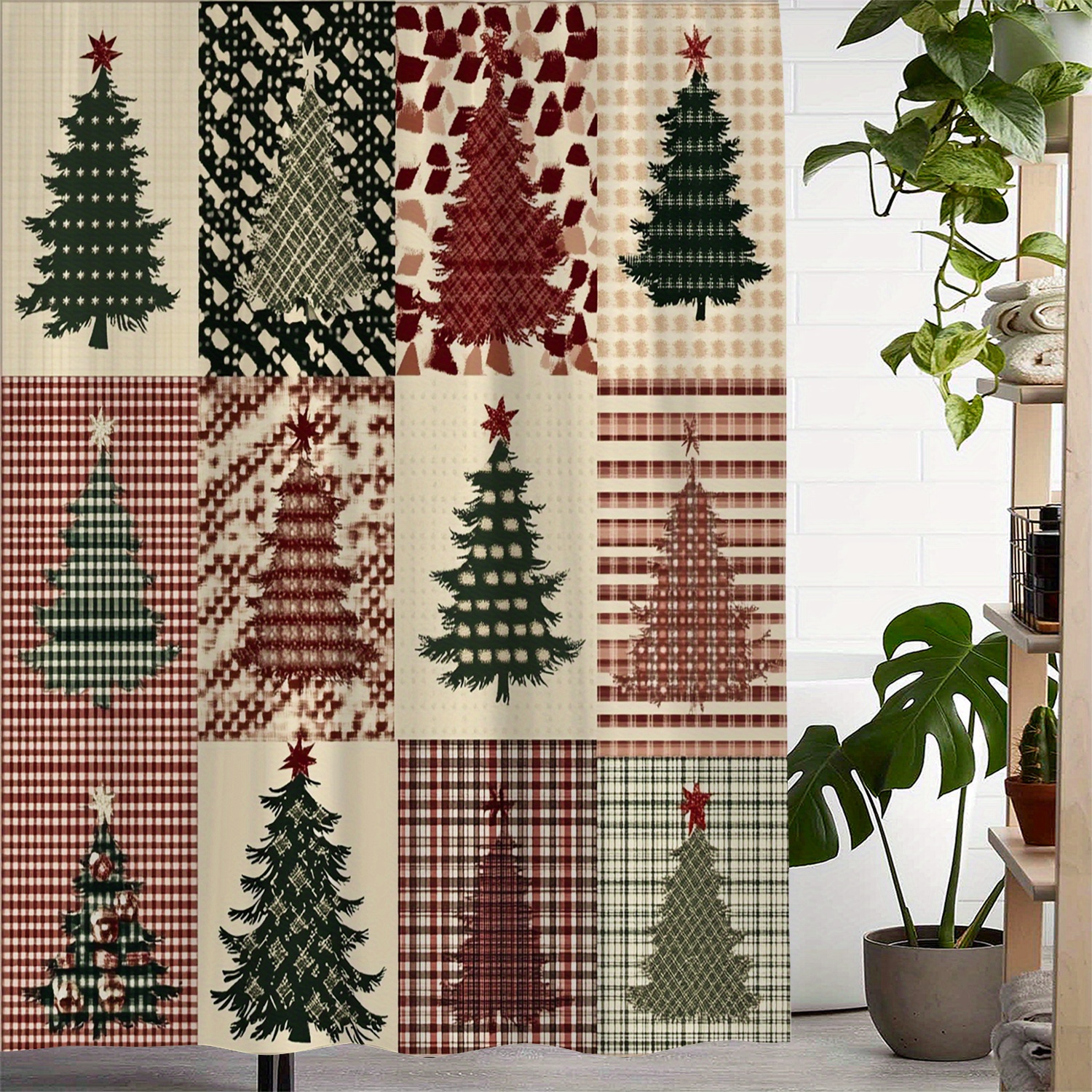 

Vintage Christmas Tree Star Waterproof Shower Curtain With 12 Hooks - 72"x72" / 183"x183" - - Machine Washable - Viscose Fabric - Windows And Bathrooms