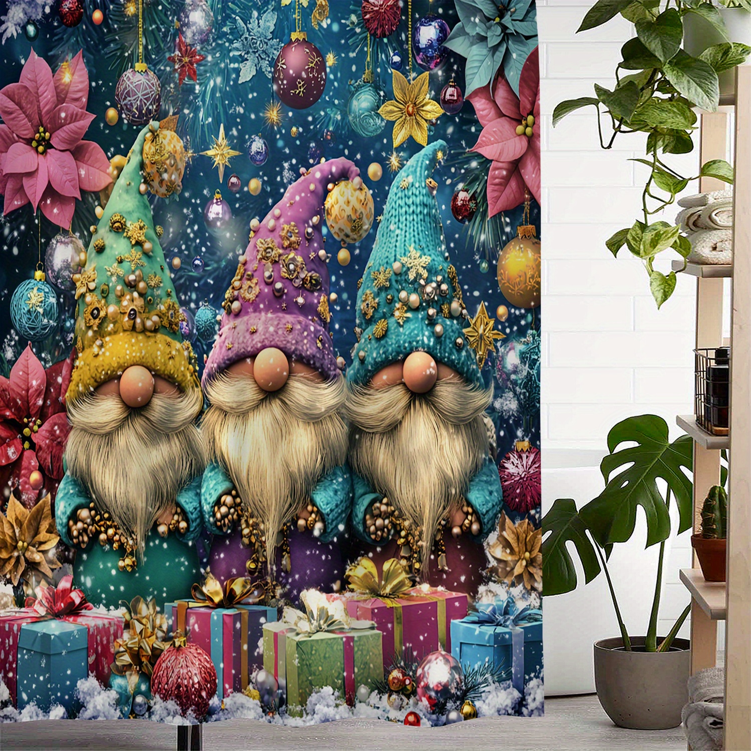 

Vintage Christmas Gnomes & Ornaments Water-resistant Bath , Woven Polyester With Hooks, Machine Washable,