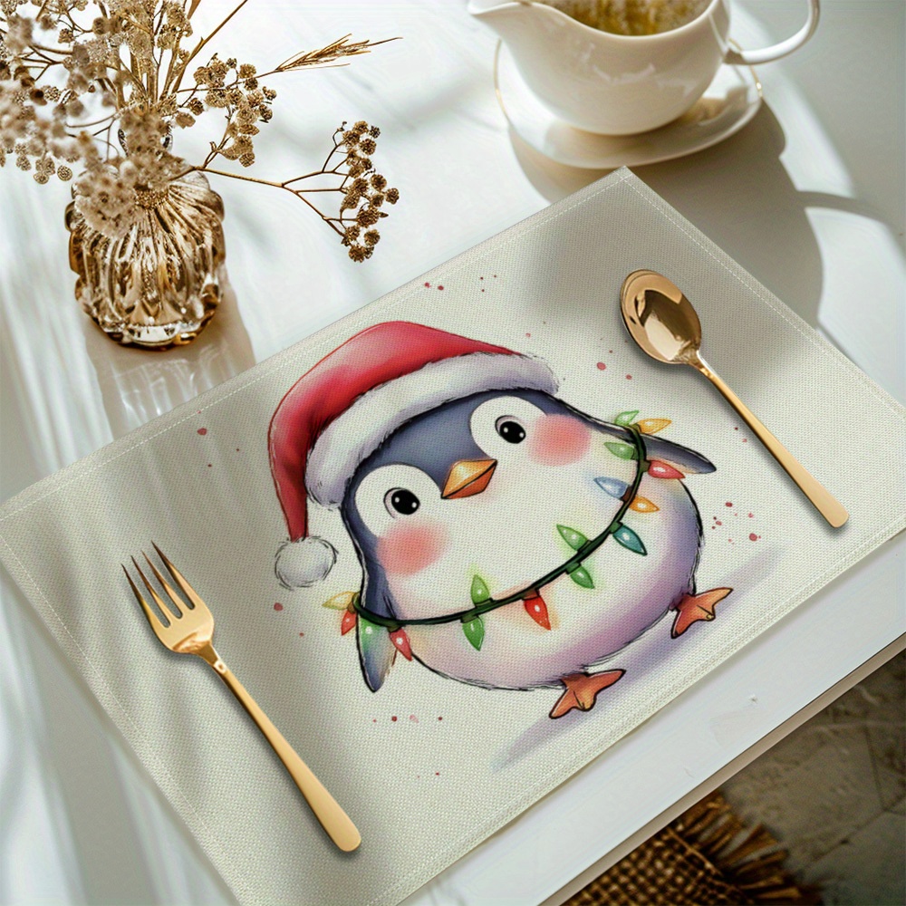 

4-pack Christmas Penguin Placemats, Polyester Table Mats, Rectangular Washable Kitchen Dining Decor, Machine Washable,