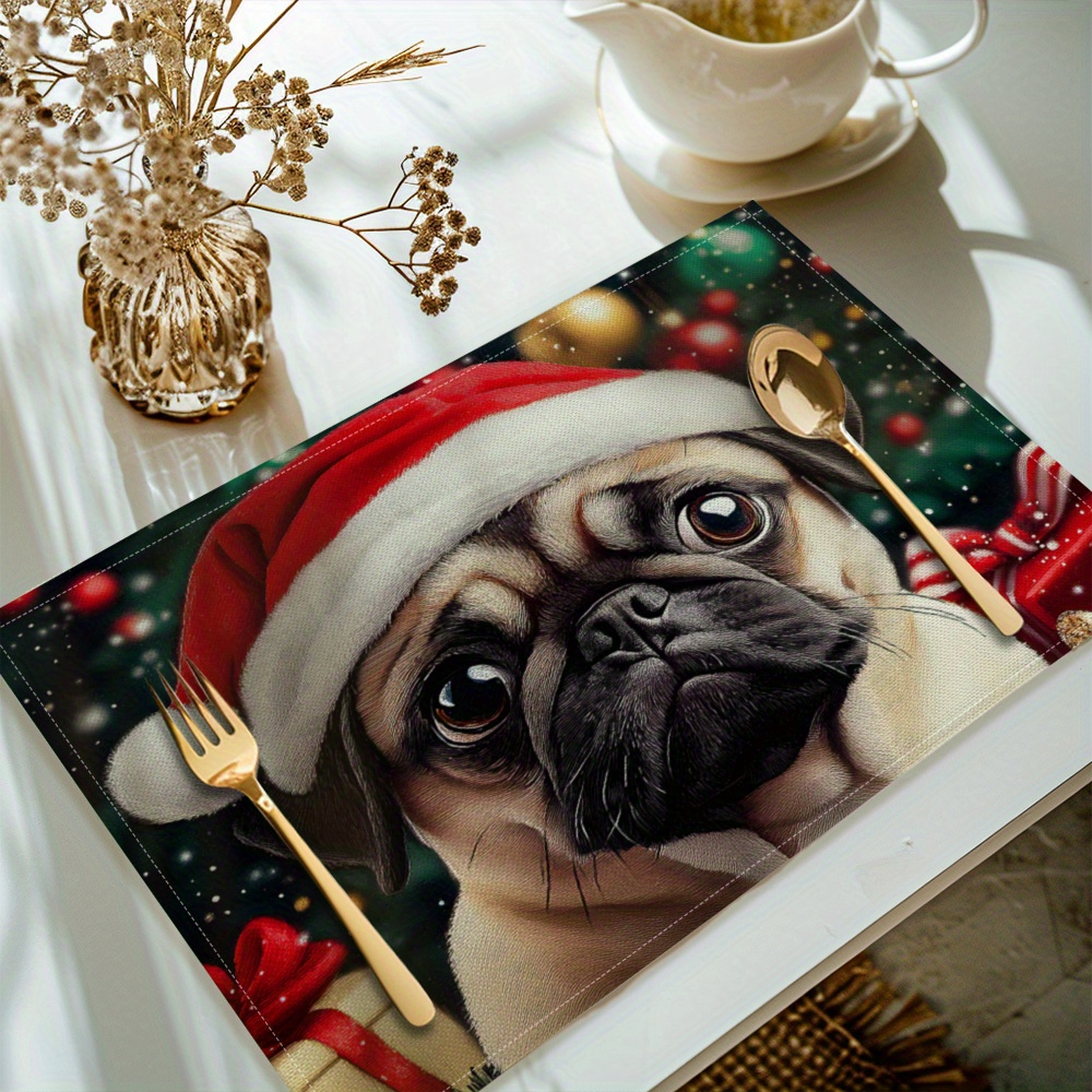 

Suige Home Set Of 4 Christmas Pug Dog Placemats - 100% Polyester Woven Rectangular Table Mats, Machine Washable, & Water-resistant Kitchen Dining Table Decor