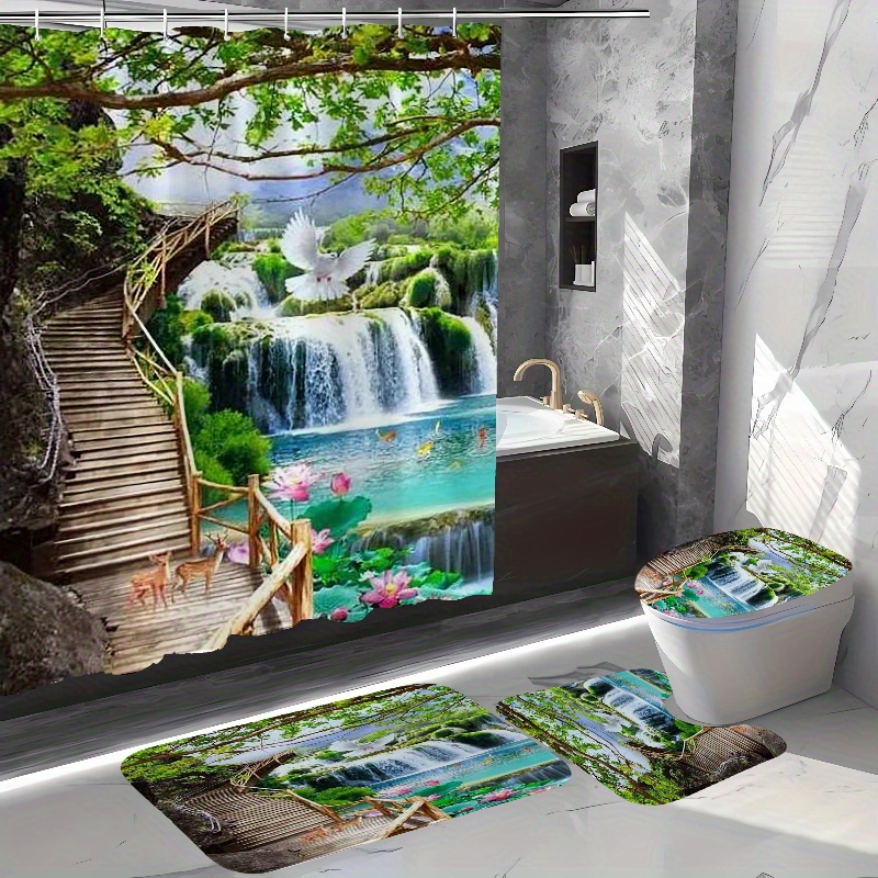 

1/3/4pcs Alpine Wooden And Shower Curtain Set -slip , Alpine Bathroom Decoration, Bathroom Accessories Including Bathroom , U-shaped Pad, Toilet Pad, 180x180cm Shower Curtain 12