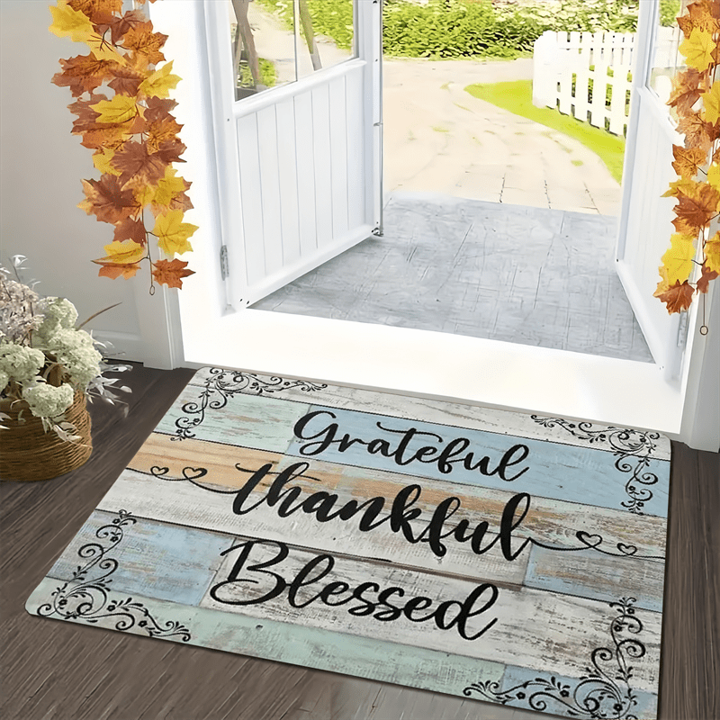 

1pc Rustic Wooden Plank Door Mat, " Blessed" Lettering, Non-slip, Dustproof, Absorbent, Machine Washable, Flannel, Indoor/outdoor Use, Rectangular, Decor, Kitchen, Living Room, Bedroom, Bathroom