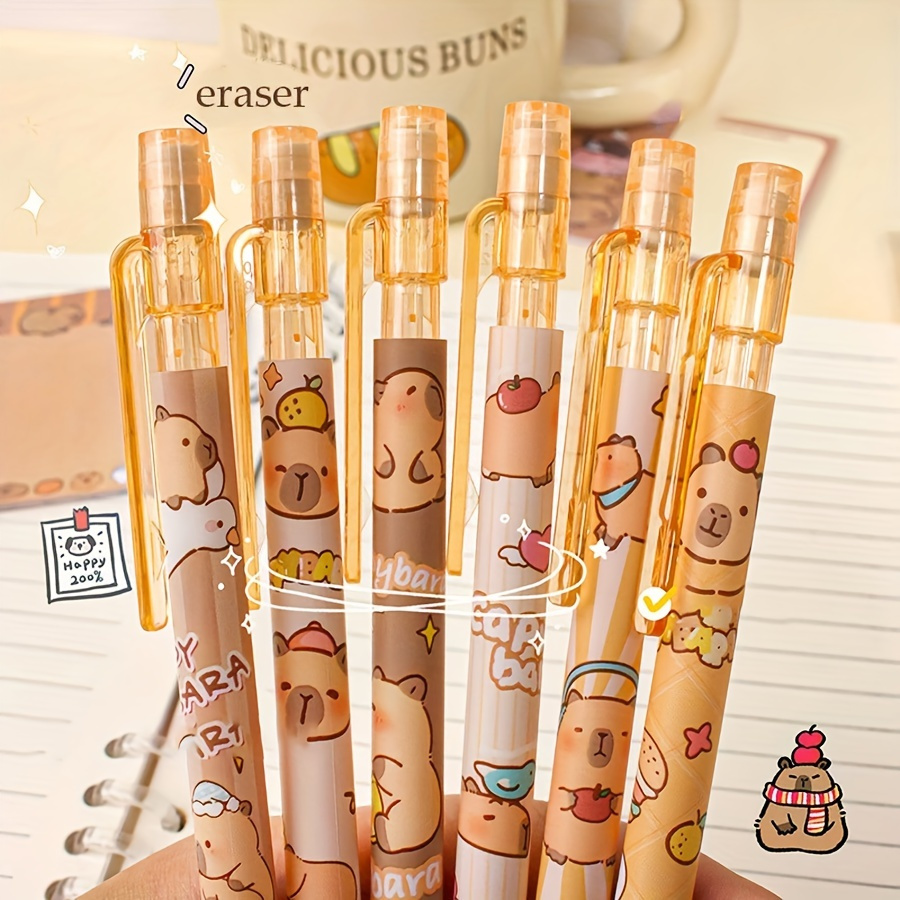 

6pcs Capybara Mechanical Pencils With Built-in Erasers - Hb Lead, 0.5mm, Retractable For Smooth And Sketching - Ideal For Students & Office Use