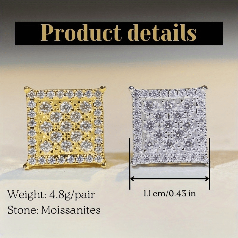 1 Pair of 0.7 Carat S925 925 Silver Hip Hop Moissanite Square Stud Earrings, Perfect for Any Event And an Excellent Choice for Holiday Or Birthday Presents