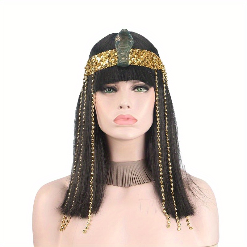 WIG ME UP Cleopatra Perücke – Schwarz Mit Goldenen Perlen, Für Karneval & Halloween